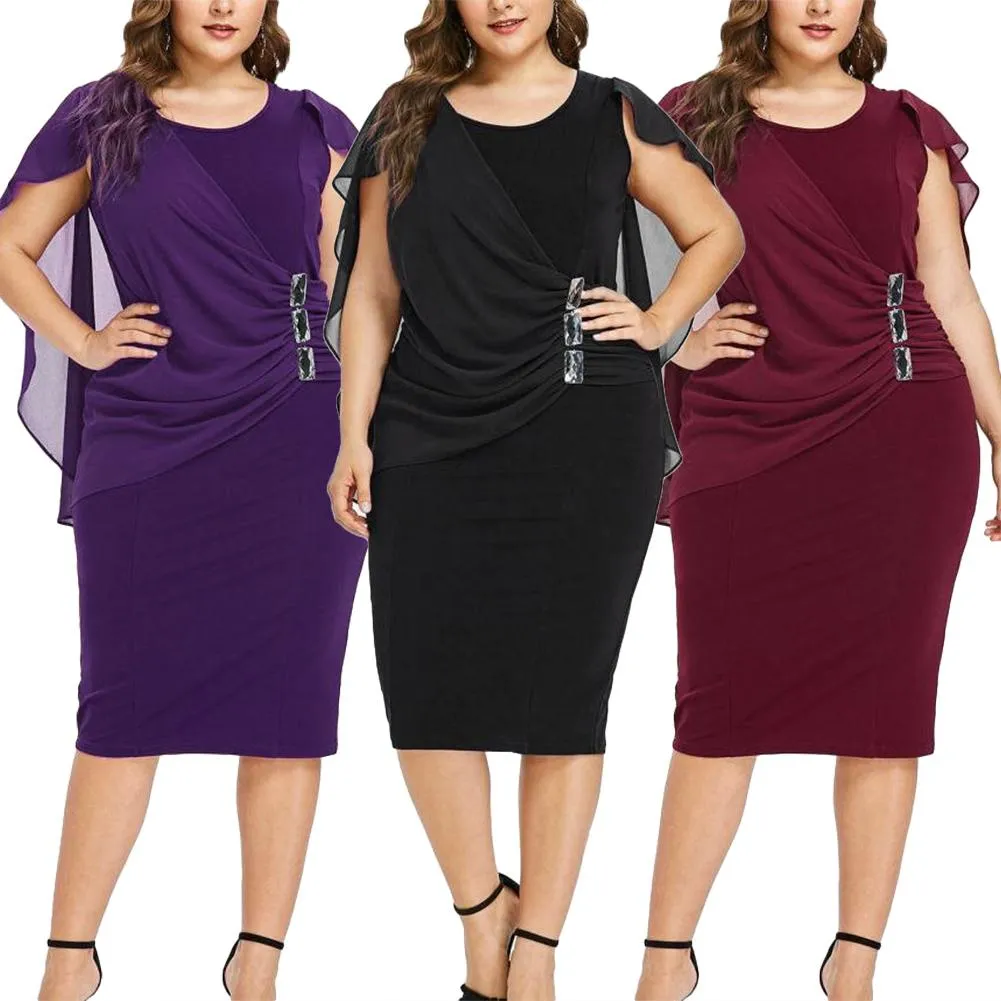 Fashion Women Plus Size Cape O-Neck Chiffon Patchwork Double Layer Casual Loose Lady Office Party Midi Pencil Dress