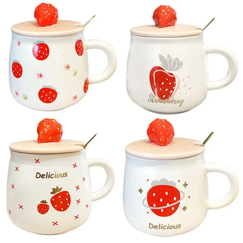 Simpatica tazza da caffè in ceramica alla fragola con coperchio e cucchiaio Novità divertente frutta tazza da viaggio per tè/latte/acqua Tazze da uomo Wonmen