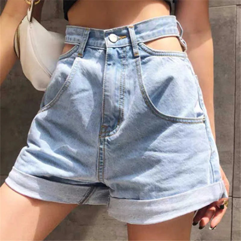 High Waist Denim Short Jeans Hollow Out Korean Waisted Wide Leg Female Summer Streetwear Bottoms Girls 210607