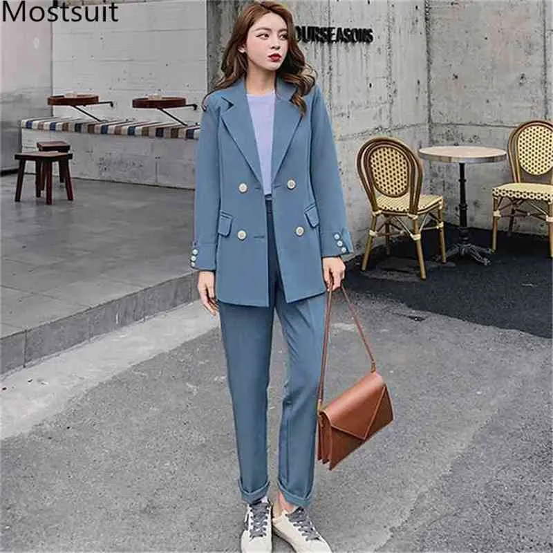 Casual Korean Women Pant Suits Sets Notched Collar Blazer Jacket + Pants Blue Female Suit Spring Autumn High Quality 210513