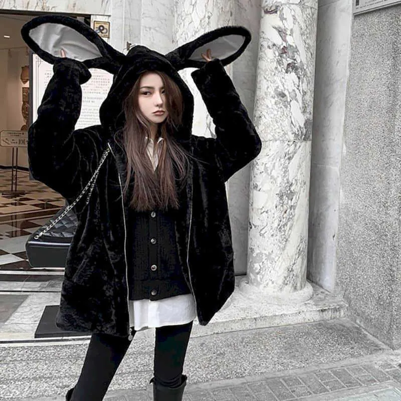 Women Faux Fur Jacket Thick Mid-length Hooded Winter Rabbit Ears