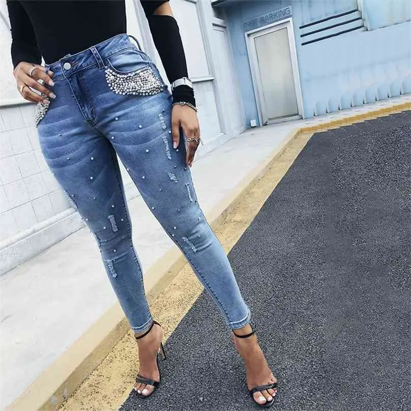 Kvinnor Mode Casual Slinky Jeans Långbyxor Beaded Pocket Design Byxor RippedDesign Denim 210922
