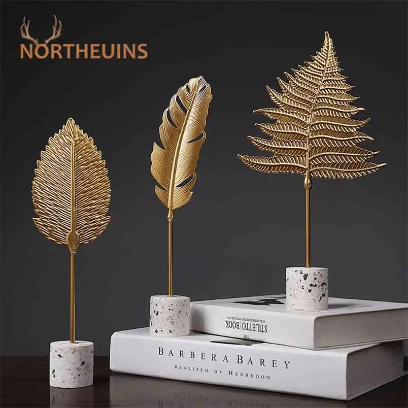 NORTHEUINS Iron Creative Golden Leaf Figuritas Nordic Modern Desktop Decor Leaves Estatua Escultura para la decoración interior del hogar 210910