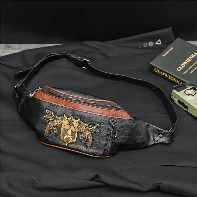 Women Waist Bag High-end Pinting Leather Men's Belt Bags Travel Handy Fanny Pack Male Tide Skull Rivet Waist Packs handbags