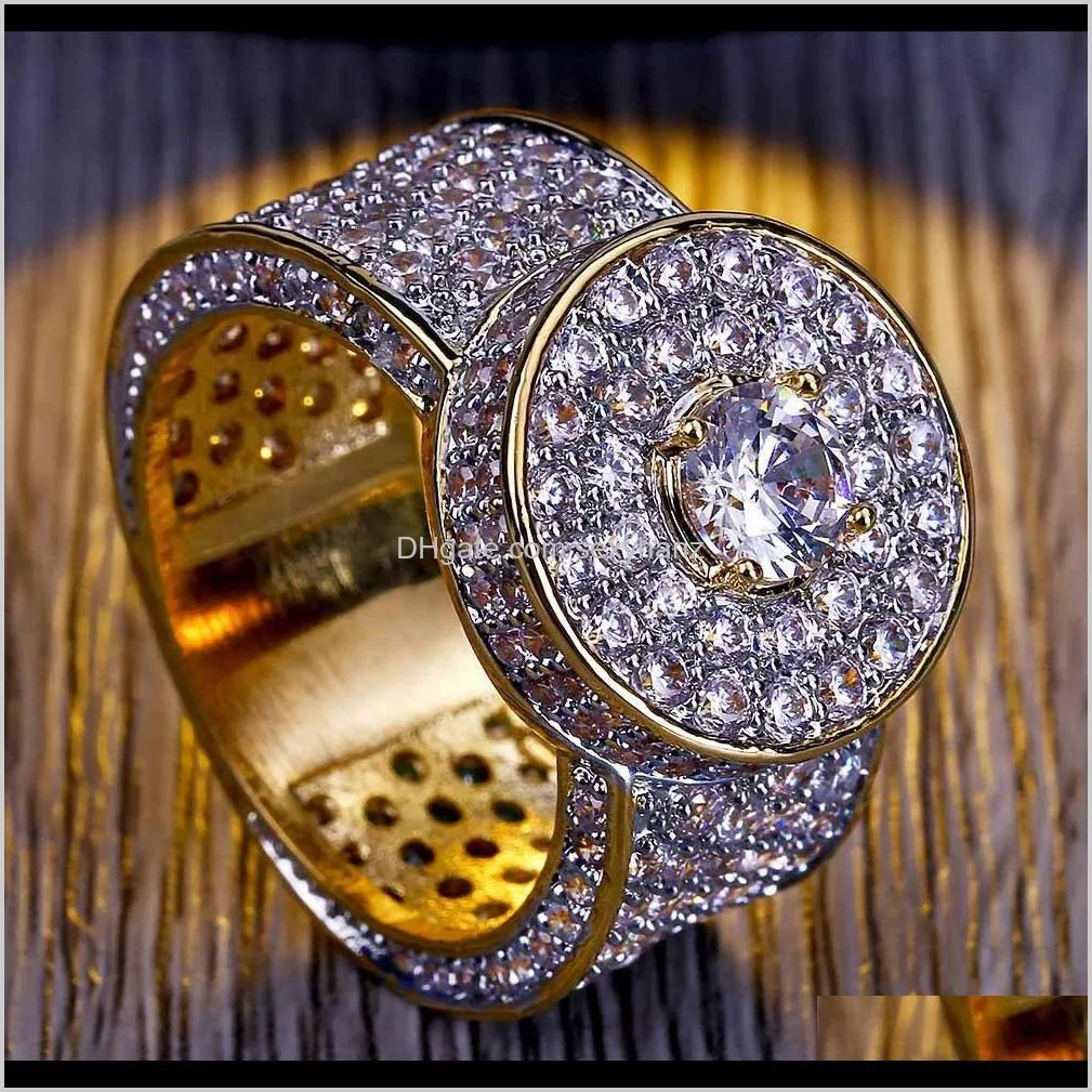 Боковые камни европейские и американские мужские классические кольца подлинное золото, покрытые крошечными цирконами Hiphop кольца KDHJE CN4YV