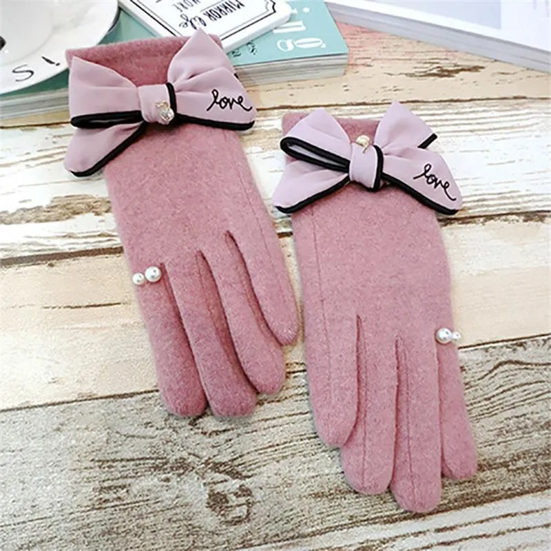 指なし手袋 2021 女性ウール冬暖かいタッチスクリーン蝶ノット厚みのミトンエレガントな DIY 高級デザイン手袋
