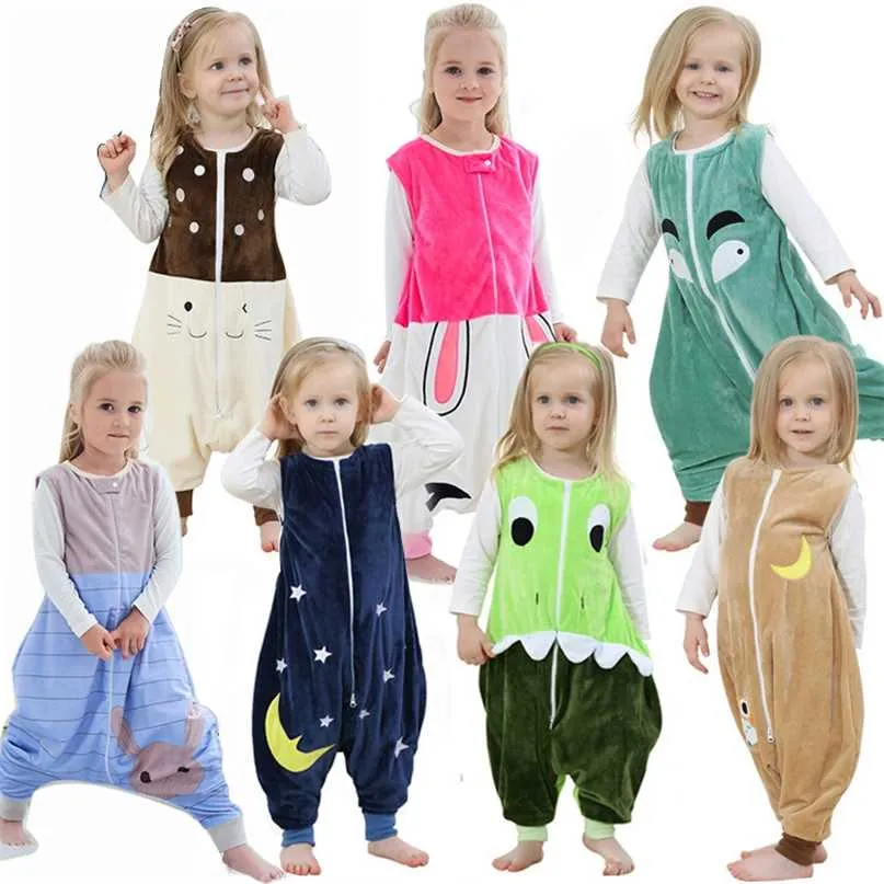 Spring Sleepwear Flannel Sleeping Bag Cartoon Baby Boys Kläder för tjejer Pyjamas Barnkläder Bodysuits Jumpsuits Warm Romper 211026