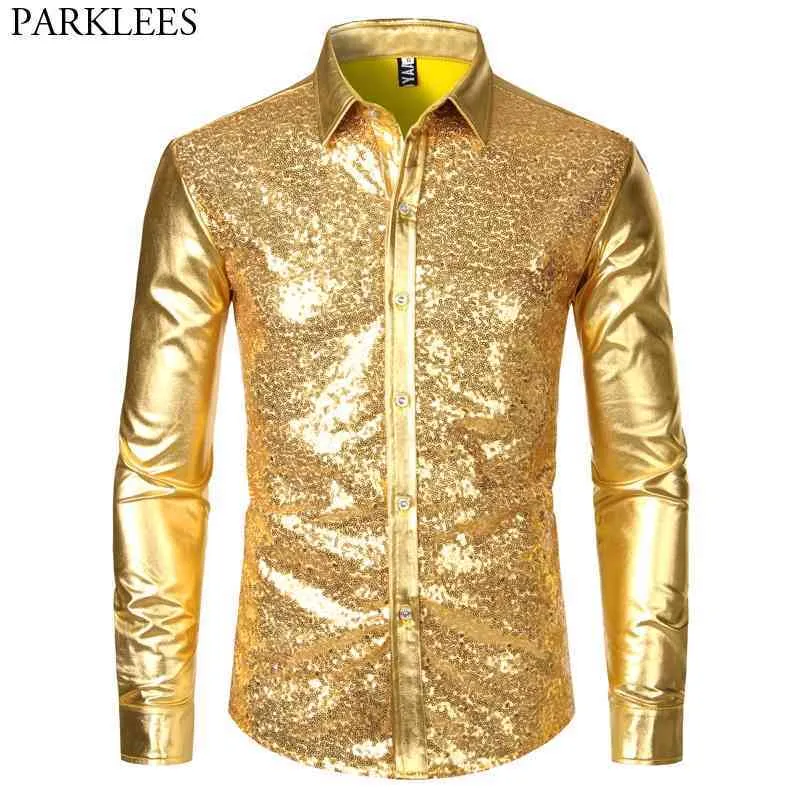 Heren Disco Shiny Gold Sequin Metallic Design Dress Shirt Lange Mouw Button Down Kerst Halloween Bday Party Stage Kostuum 210522