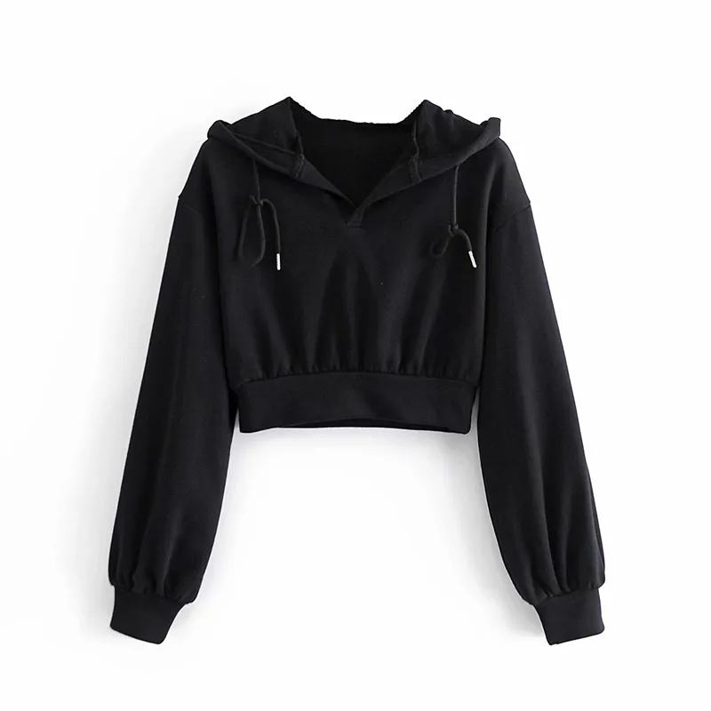 Streetwear Mulheres Sólidas Drawsting Hoodies Outono Moda Senhoras Esporte Preto Curto Tops Causal Feminino Chique Solto Pullovers 210427