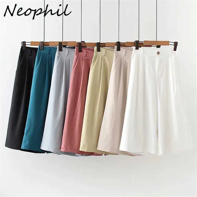 NeoPhil 2021 Yaz Zarif Bayanlar Ofis Katı Buzağı Uzunlukta Pantolon Yüksek Bel Siyah Geniş-Bacak Japon Tarzı Flare Pantolon P21624 Q0801
