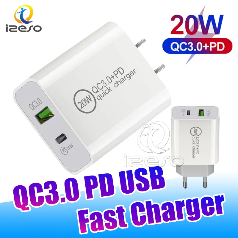 PD QC3.0 Caricabatterie rapido 20W 18W USB C Adattatore di ricarica rapida Caricabatterie da muro EU US Plug per iPhone 13 Pro Max Samsung Huawei Phone izeso