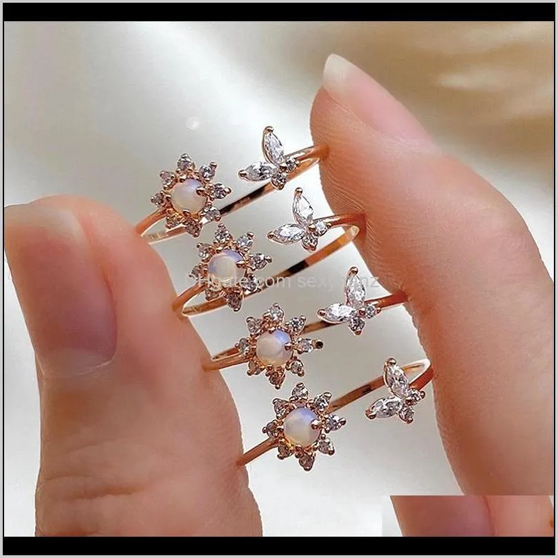 fashion gold plated opal sunflower ring crystal rhinestone sweet butterfly open female ring finger bands designer jewelry gifts