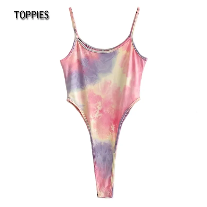 Sommer Tie Dye Bodys Frau Camisoles Hohe Taille Ärmellose Overalls Candy Farbe Sexy Slim 210421