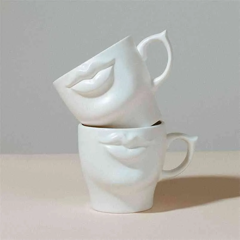 Personlig 3d mun keramik kaffe mugg vit handgjorda porslin te mjölk kopp kreativ drinkware speciell gåva till mamma män kvinnor 210804