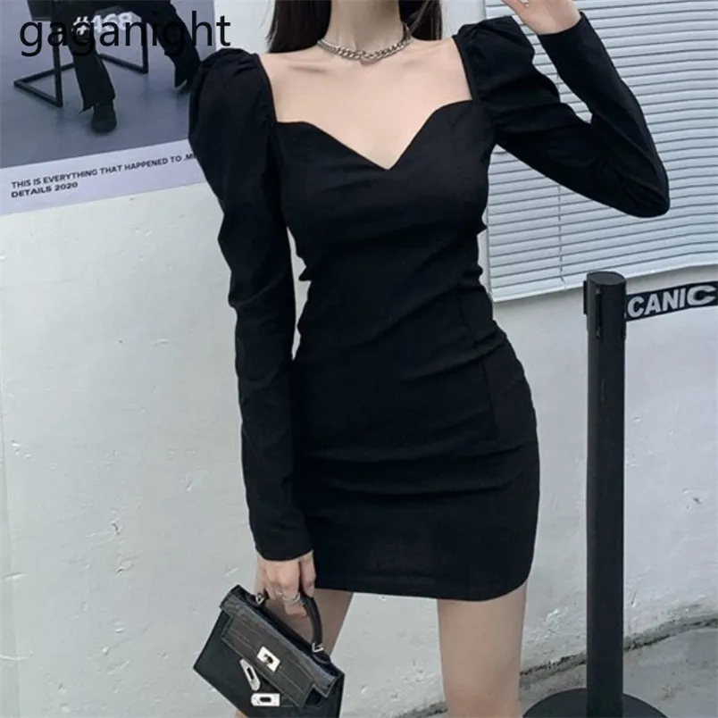 Seksowne kobiety czarny mini krótka sukienka z długim rękawem V Neck Slim Lady Club Party Dresses Fashion Bodycon Office Vestidos 210601