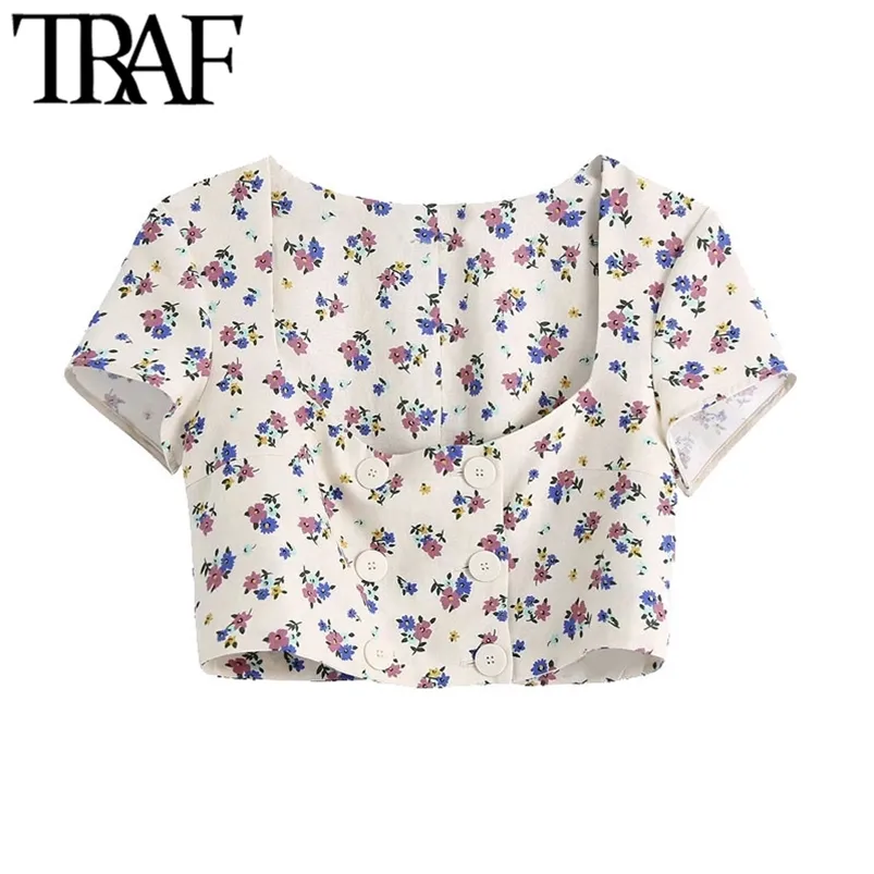 Women Sweet Fashion Floral Print Cropped Linen Blouses Vintage Square Collar Short Sleeve Female Shirts Chic Tops 210507