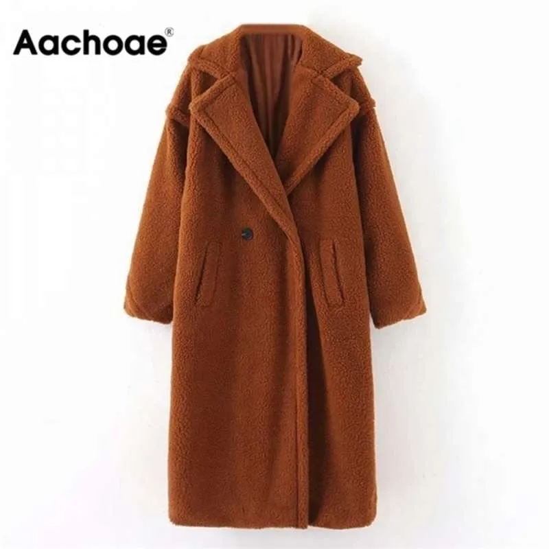 Aachoae Winter Casual Solid Teddy Coat Kvinnor Långärmad Fleece Long Jacket Slå ner Collar Lamb Fur Coat OuterWear ForRure 210925