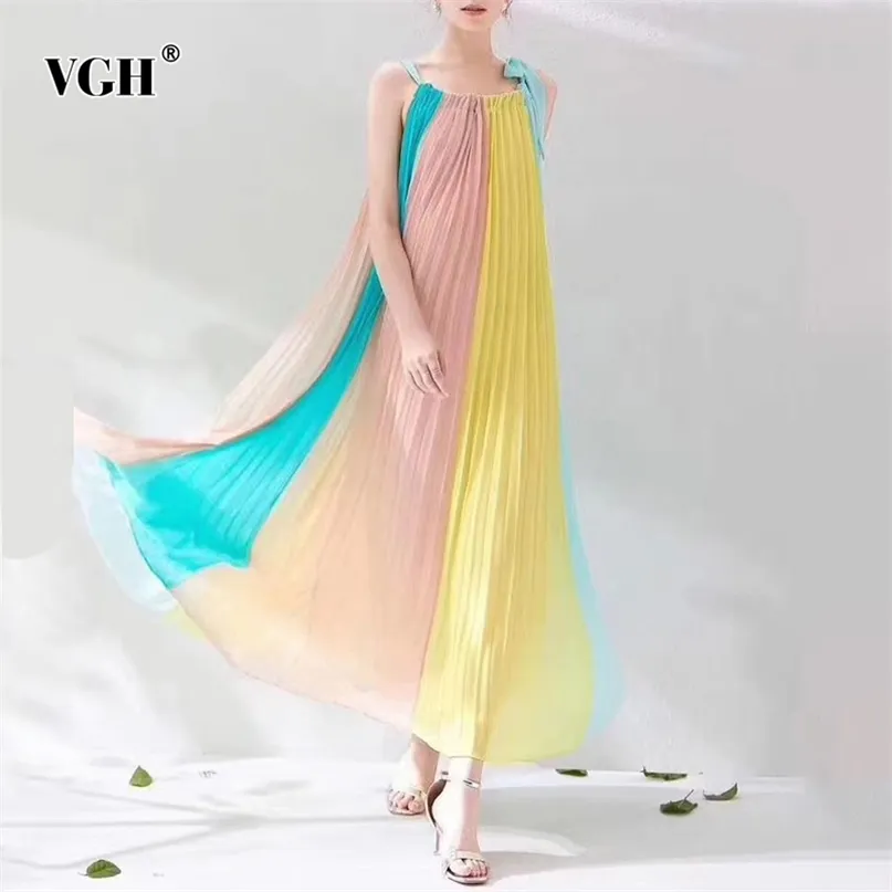 Hit Color Asymmetrical Dress For Women O Neck Sleeveless Casual Loose Lace Up Bowknot Pleated Maxi Dresses Female Summer 210531