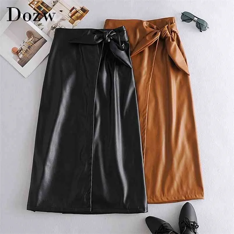 Elegant Solid Faux Leather Skirt Bow Tie Office Wear Long Women Brown And Black Color A Line s Mujer Faldas 210515