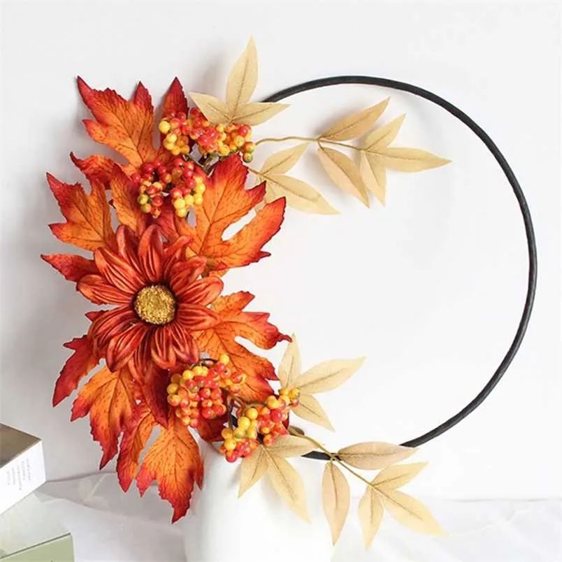 Simulation Of Flowers Decorative Door Hanging Harvest Festival Autumn Color Maple Leaves Wreath Rattan Home Wall Hanging 211104
