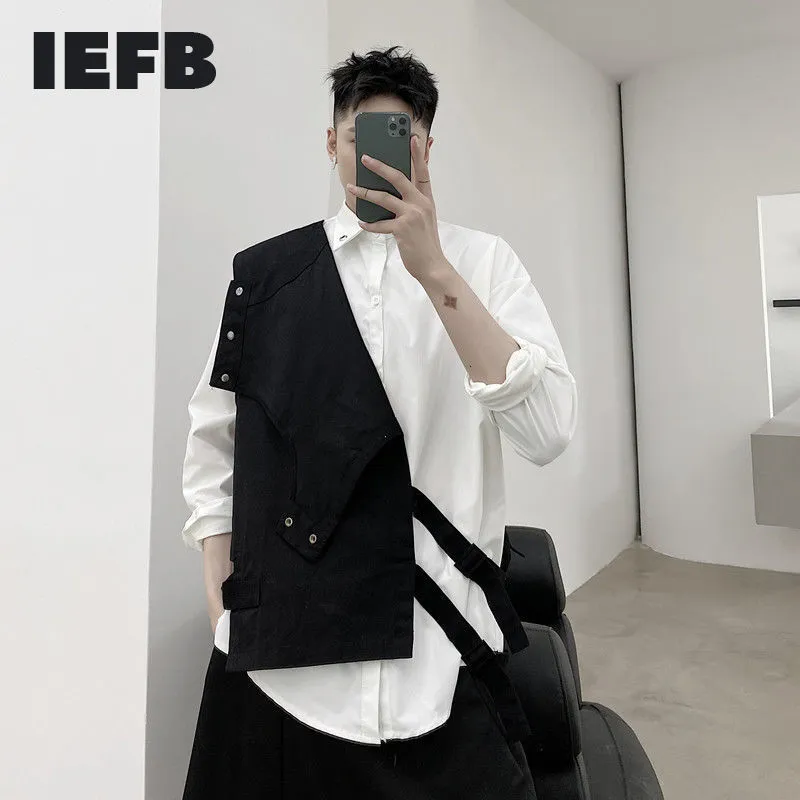 IEFB /men's wear simple irregular hollow out bandage patchwork black vest male summer fashion waistcoat Korean tops 9Y2919 210524