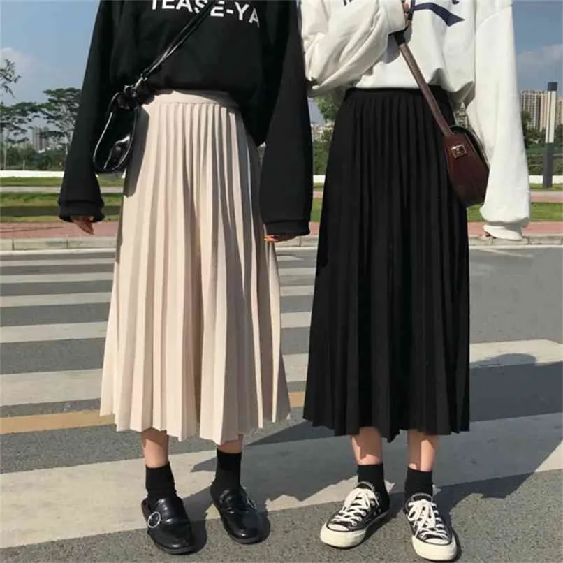 Sommar kvinnor draped revben pläterad kjol elastisk hög midja lång kvinnlig höst damtoalett kvalitet midi saia 210619