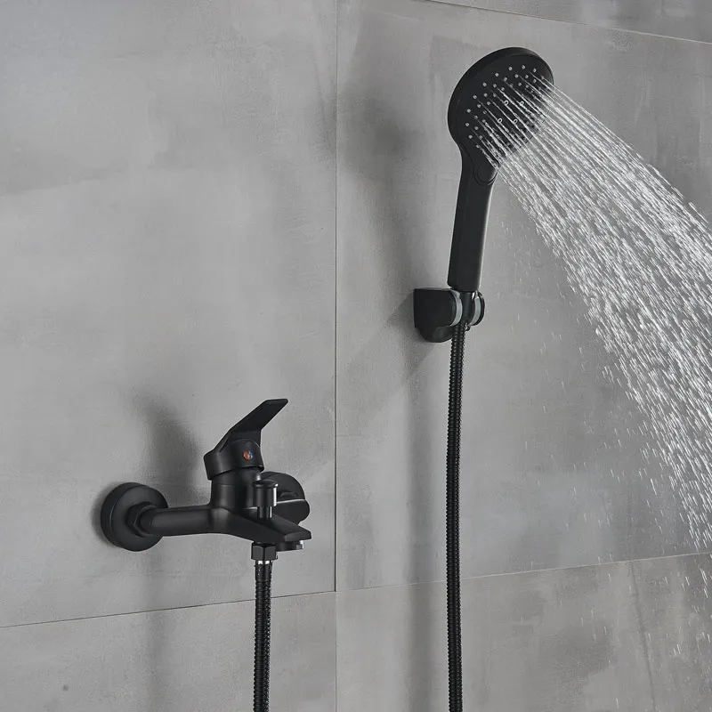 Matte Noir Salle de Bains Baignoire Robinet chaud Mélangeur à eau chaude Robinet mural avec douche à portables