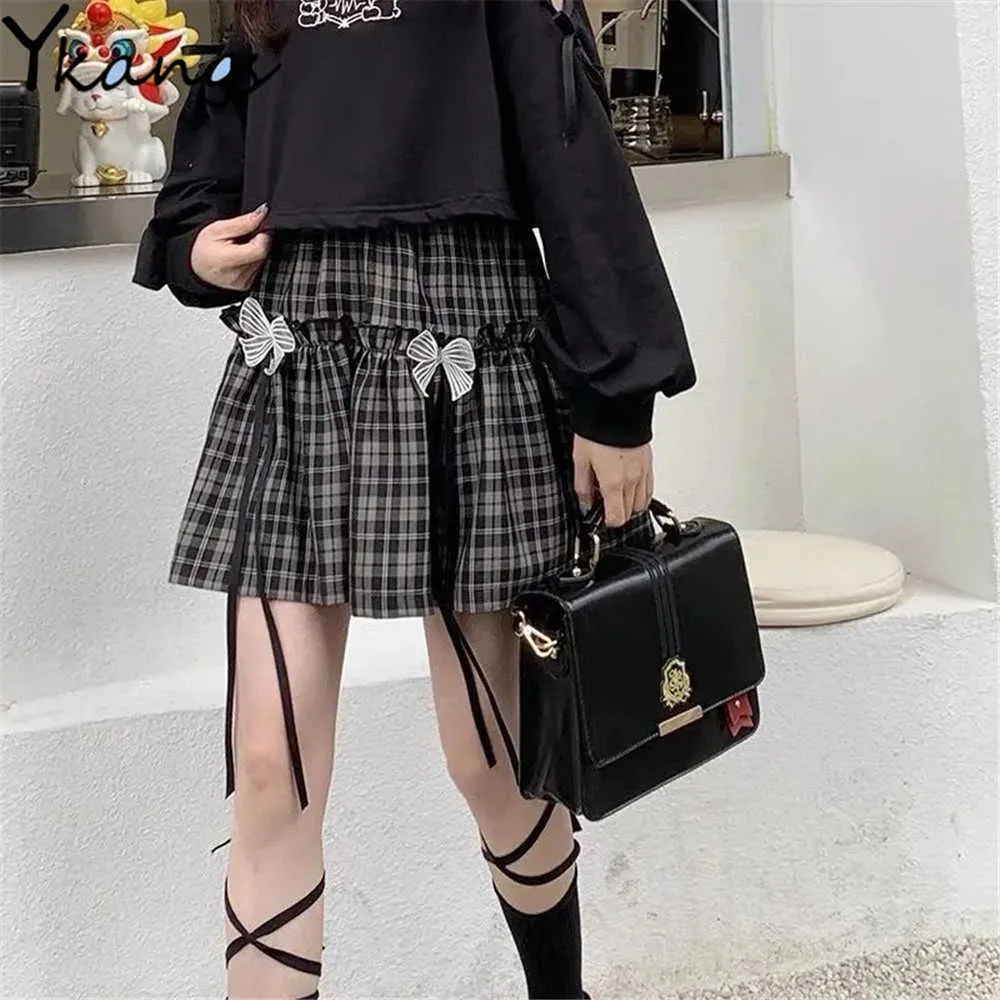 Goth Black Plaid z łuk Mini spódnice Vintage High talia Eesthetics Ruffle plisowana spódnica dla kobiet streetwear dla dziewcząt 210619