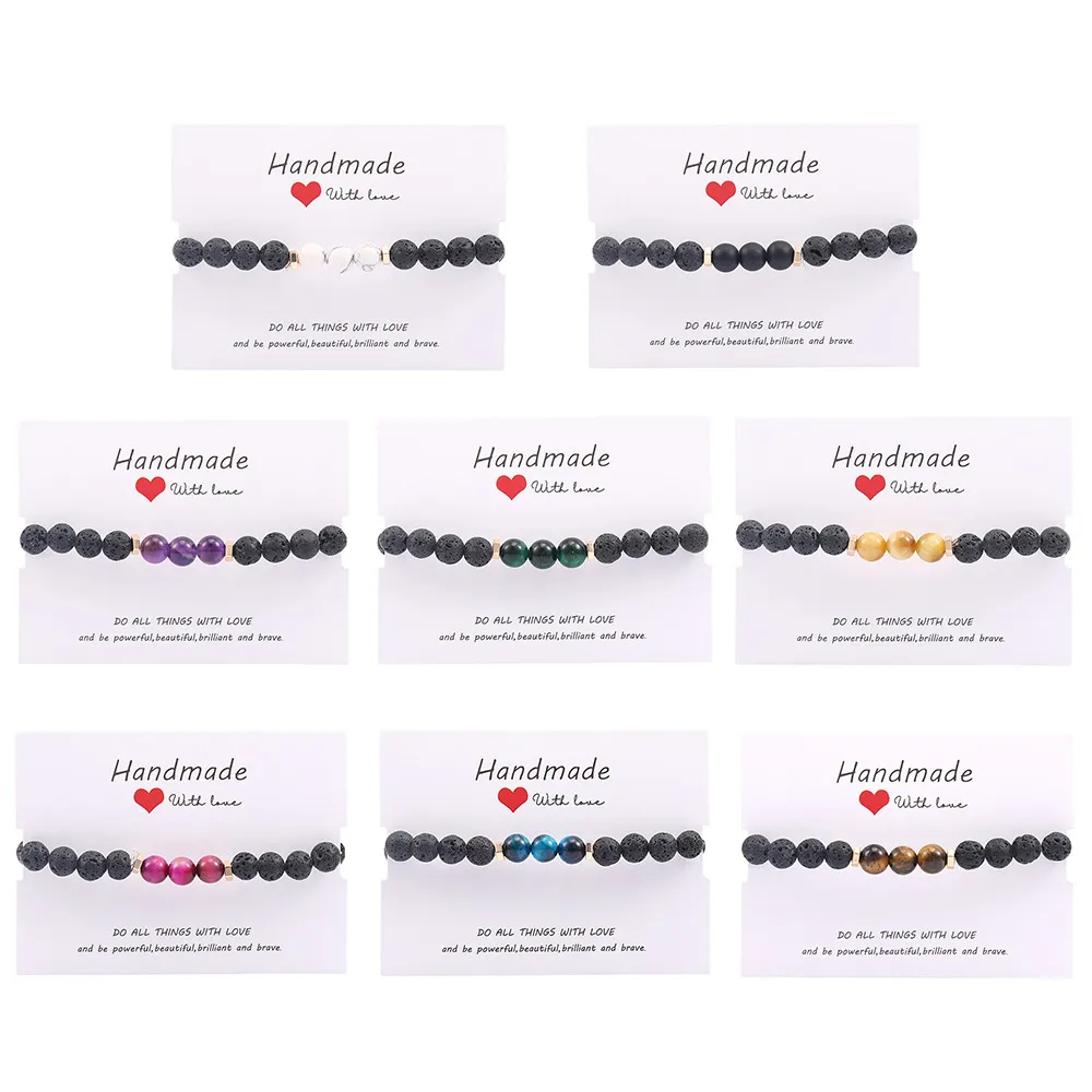 Pulseras con cuentas de piedra volcánica Natural, brazaletes con cuerda elástica, colgante de energía, regalo de joyería con tarjeta para mujeres y hombres