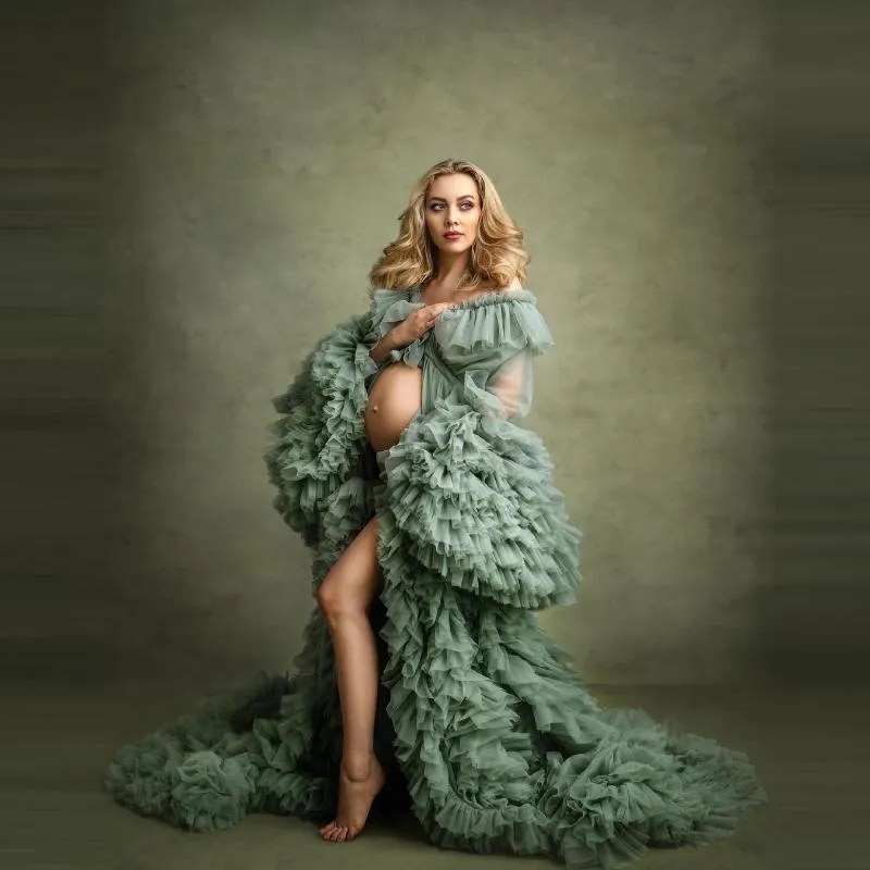 Casual Dresses Arrival Extra Puffy Tulle Maternity Robes Long Sleeves See Thru With Train Women Po Shoot Pregnancy Gowns