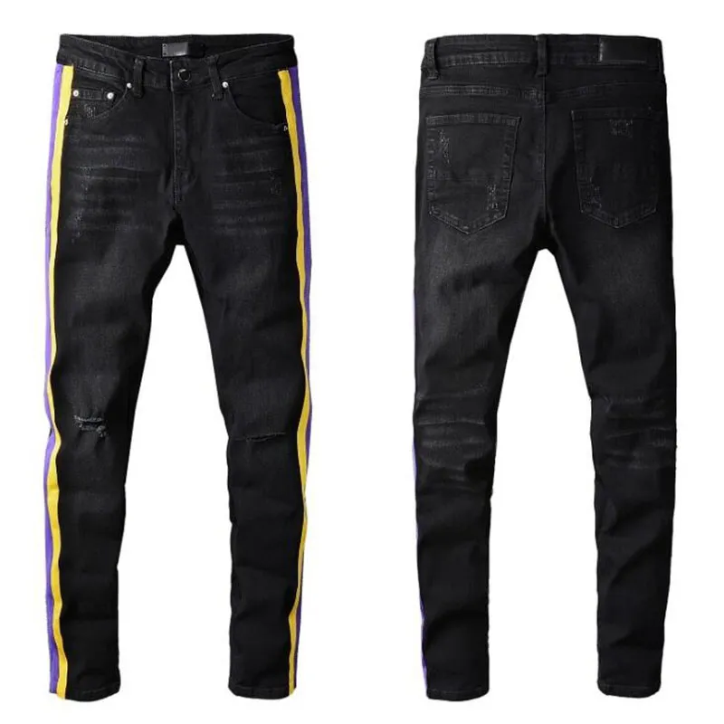 Streetwear Yellow Purple Striped Jeans Men Black Slim Ripped Fashion Brand Pants Casual Hip Hop Dance Four Season Pant