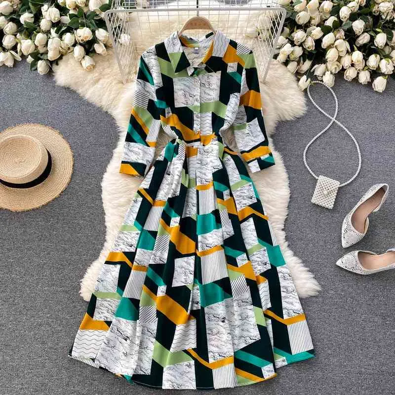 DEAT Spring Summer Fashion Casual Long Sleeve Print Color Matching Printing Slim Mid Length Dress Women SK706 210709