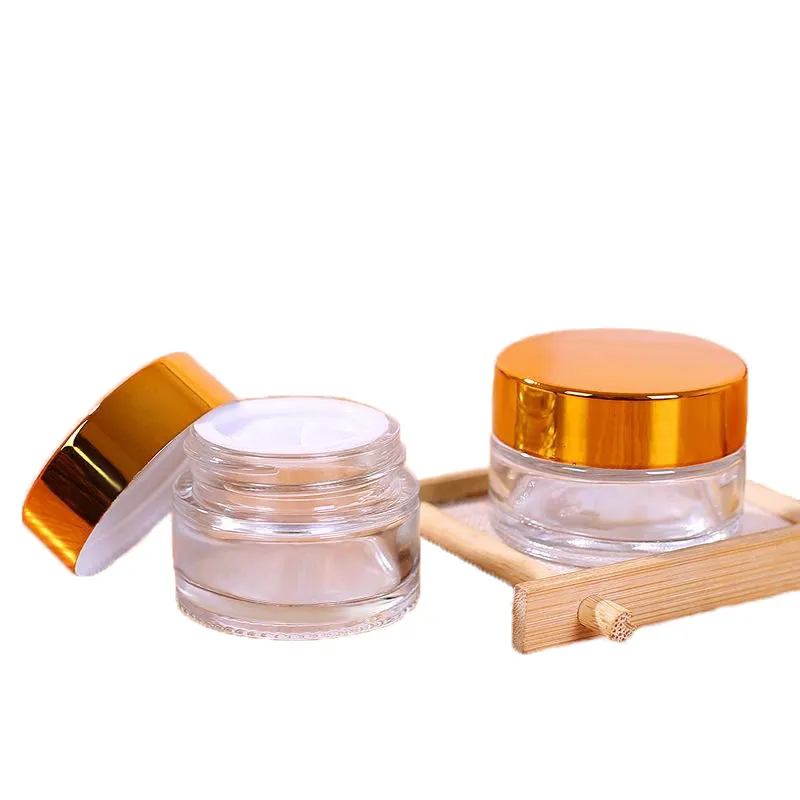 Tarjetas de cosméticos de cristal transparente Botella de crema redonda con tapas de plata de oro PP del PP para la mascarilla de crema de la cara de la mano 5G 10G 15G 20G 30G 50G 100G