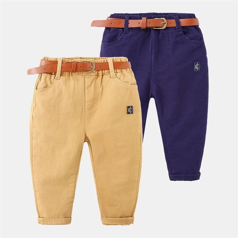 Primavera Autunno Casual 2-10 anni Blu Navy Khaki Tinta unita Cotone Bambino Bambino Bambini Ragazzi Pantaloni Pantaloni con cintura in pelle 211103