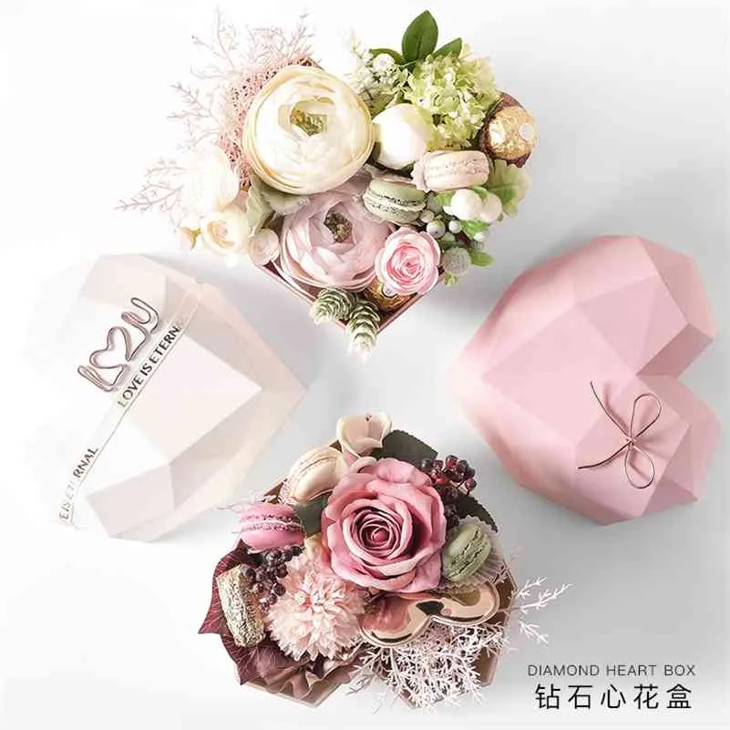 Confezione regalo di compleanno di fascia alta stile Ig Scatola di fiori a forma di cuore con diamanti Scatola di imballaggio di fiori interni in colore oro rosa Confezione regalo 210402