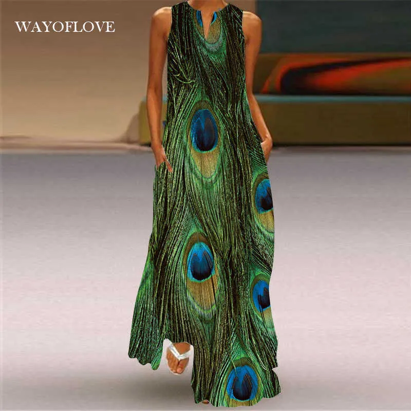 Wayoflove plus storlek påfågel fjäder grön klänning avslappnad flicka långa klänningar sommar kvinna ärmlös strand maxi klänning för kvinnor 210602