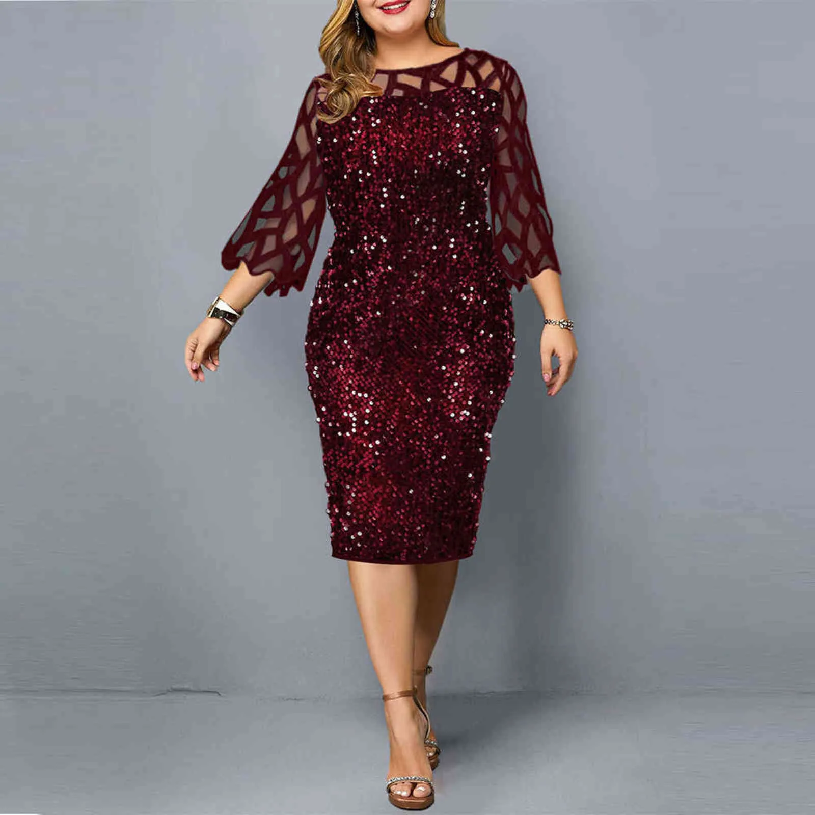 Party Dress Plus Size Ladies Midi Sequin Mesh Long Sleeve Lace