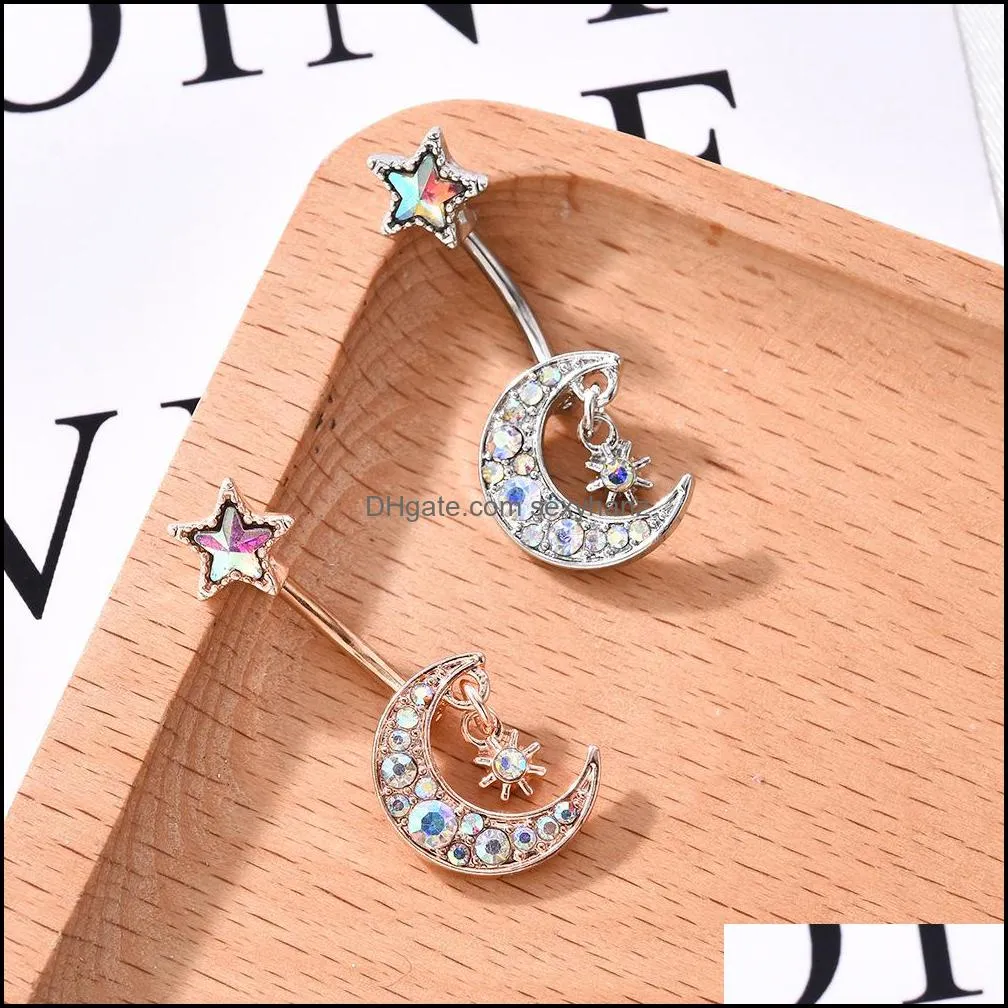 Aprilwell One Piece Trendy Star Crystal Navel Bell Button Rings for Women Aesthetic Moon Stainless Steel Piercing Body Jewelry