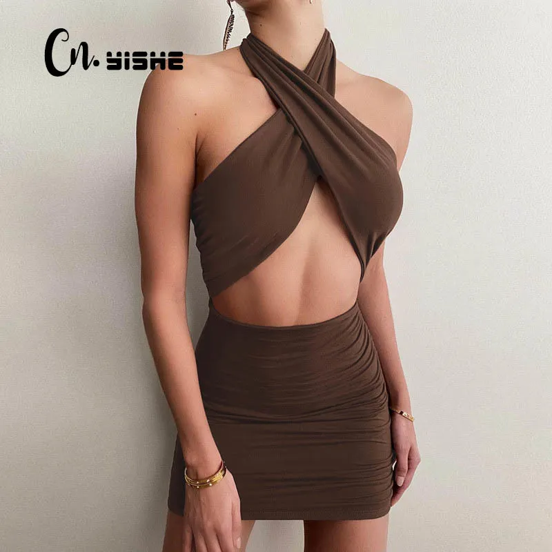 CNYISHE DRAWSTRING PLATED SEXY CUT-OUT DRESS Women's Halter Mini Dresses Party Club Fashion Black Backless Dress Vestidos 210419