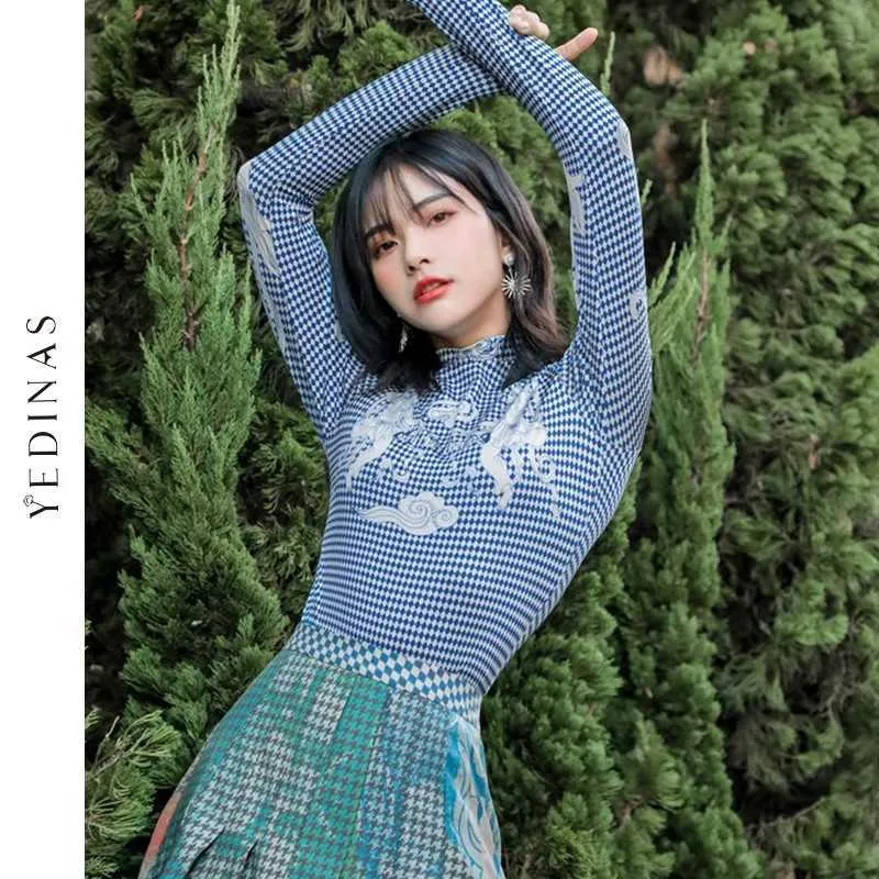 Yedinas Japanese Style Vintage Art Print T-shirt Long Sleeves Turtleneck Women Slim Tee Shirt Chic Designer Korean Blue Tshirt 210527