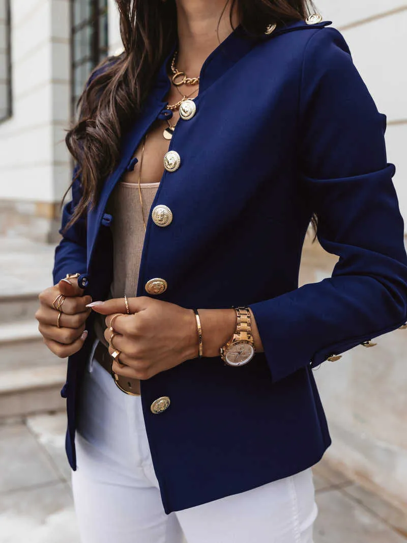 Nowa modna stójka marynarki damskie jednolite kolory jednorzędowa kurtka biurowa 2021 z długim rękawem zapinana na wiele guzików Slim Work Blazer X0721