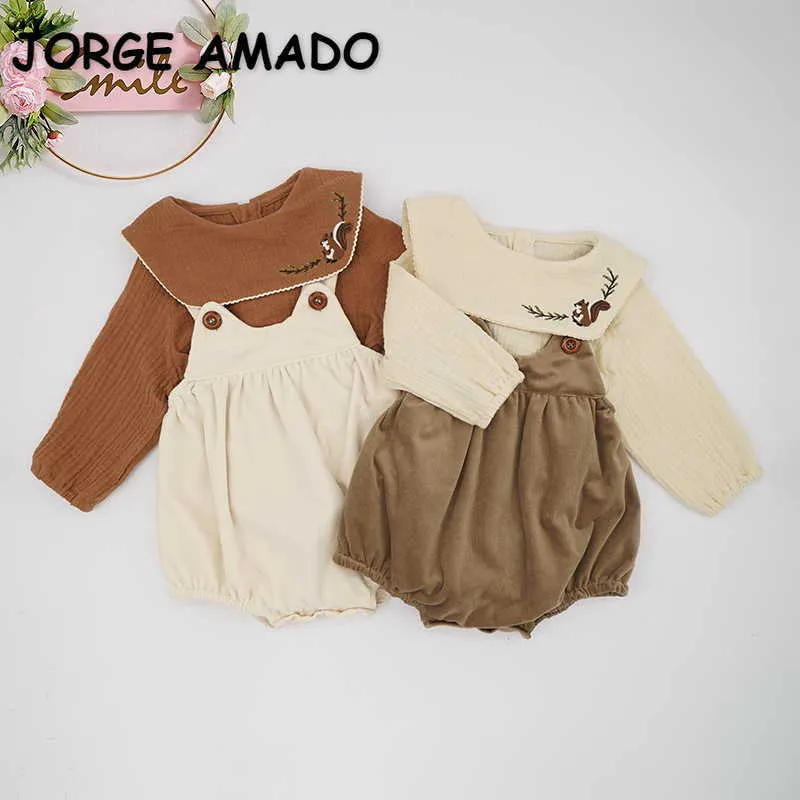 Wholesale Spring Baby Girls Bodysuits Soild Colour Cartoon Squirrel Long Sleeve Corduroy Romper born Clothes E64 210610