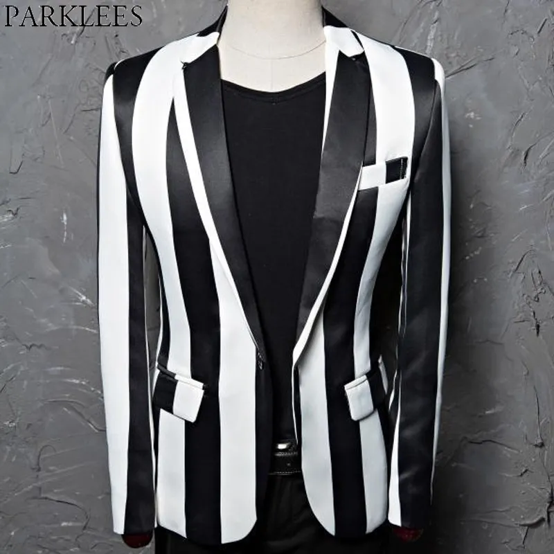 Black White Listrado Blazer Jaqueta Homens Marca Um Botão Slim Club Bar Partido Terno Casaco Masculino Fase Rock and Roll Trajes 210522