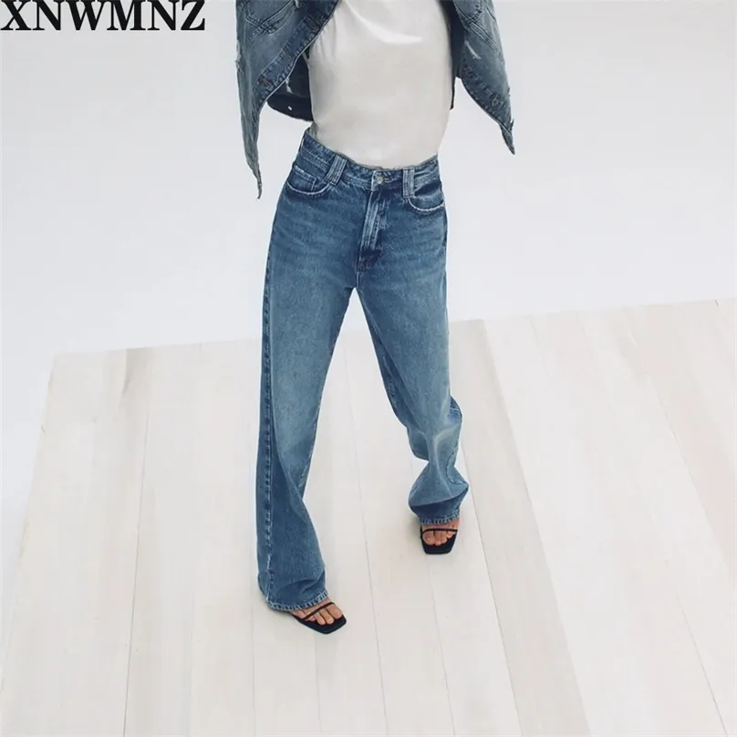 Damen-Jeans, gerade, in voller Länge, verblasste High-Waist-Jeans im Five-Pocket-Design, Reißverschluss und Metallknopfverschluss oben 210520