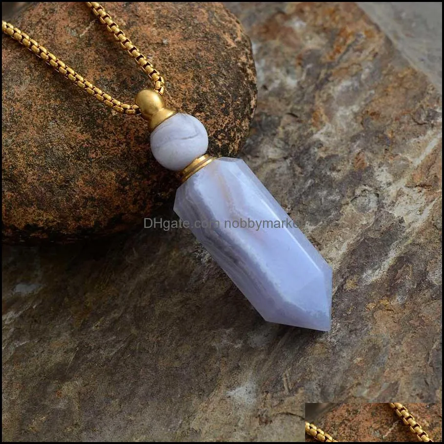 Natural gems stone Essential Oil Diffuser Perfume Bottle Pendant necklace stainless steel jewelry Dropshipping 210323