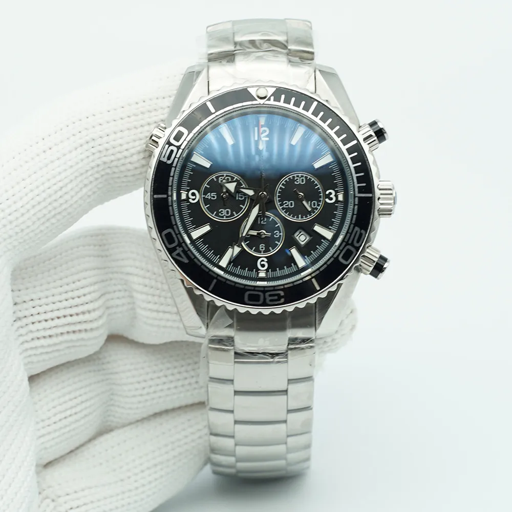 Bezel Planet Meter Black Dial Watch 44mm Quartzo Cronógrafo Ocean Diver Mergulhador 600m Vidro De Aço Inoxidável Voltar Esportes Mens Mens Relógios