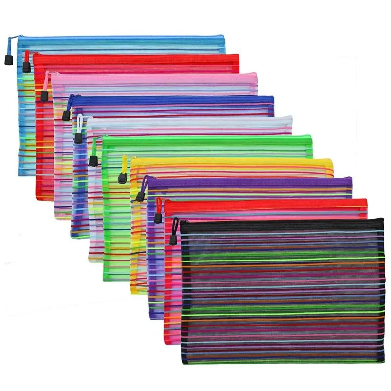 Pencil Bags 10 PCS Colors A4 Zipper Mesh Pouch To Storage Stationery Supplies Cosmetics Travel Accessories