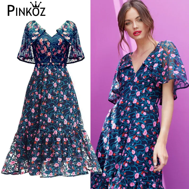 Дизайнерский стиль роскошный цветок вышивка A-Line Backbload MIDI платье вечеринка Высокое качество Женщины леди платья халат De Mujer 210421