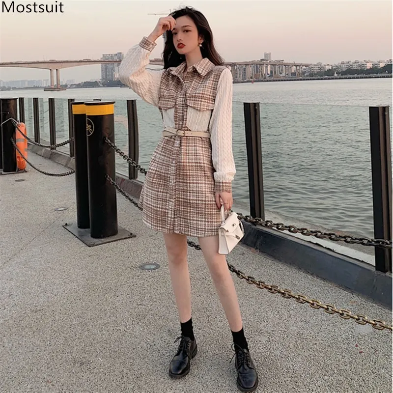 knee length dresses for ladies Tartan Plaid Long Sleeve Split Neck Mini Dress Red / L / 55%Cotton+45%Viscose