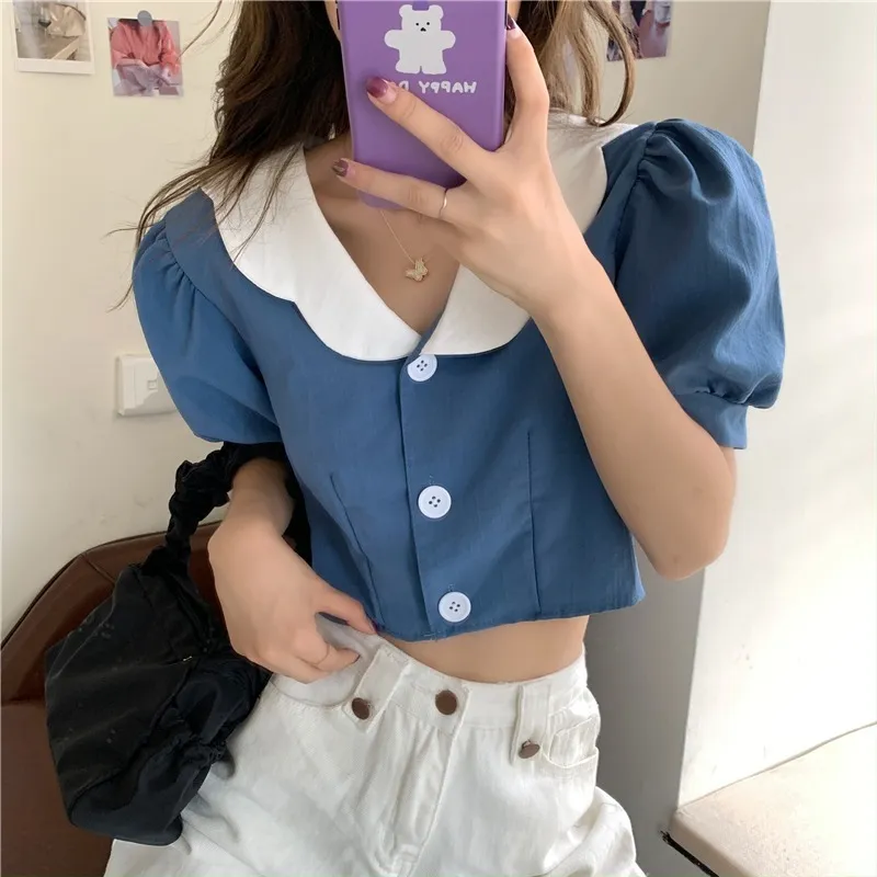 Neploe Women Blouses Peter Pan Collar Sweet Puff Sleeve Crop Topps Sommar Blusas Mujer Koreansk Fashion Sexig Blusskjorta 210422